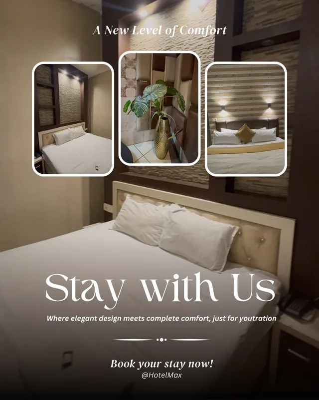 Hotel Max Stay with Us Instagram post featuring three room interiors
